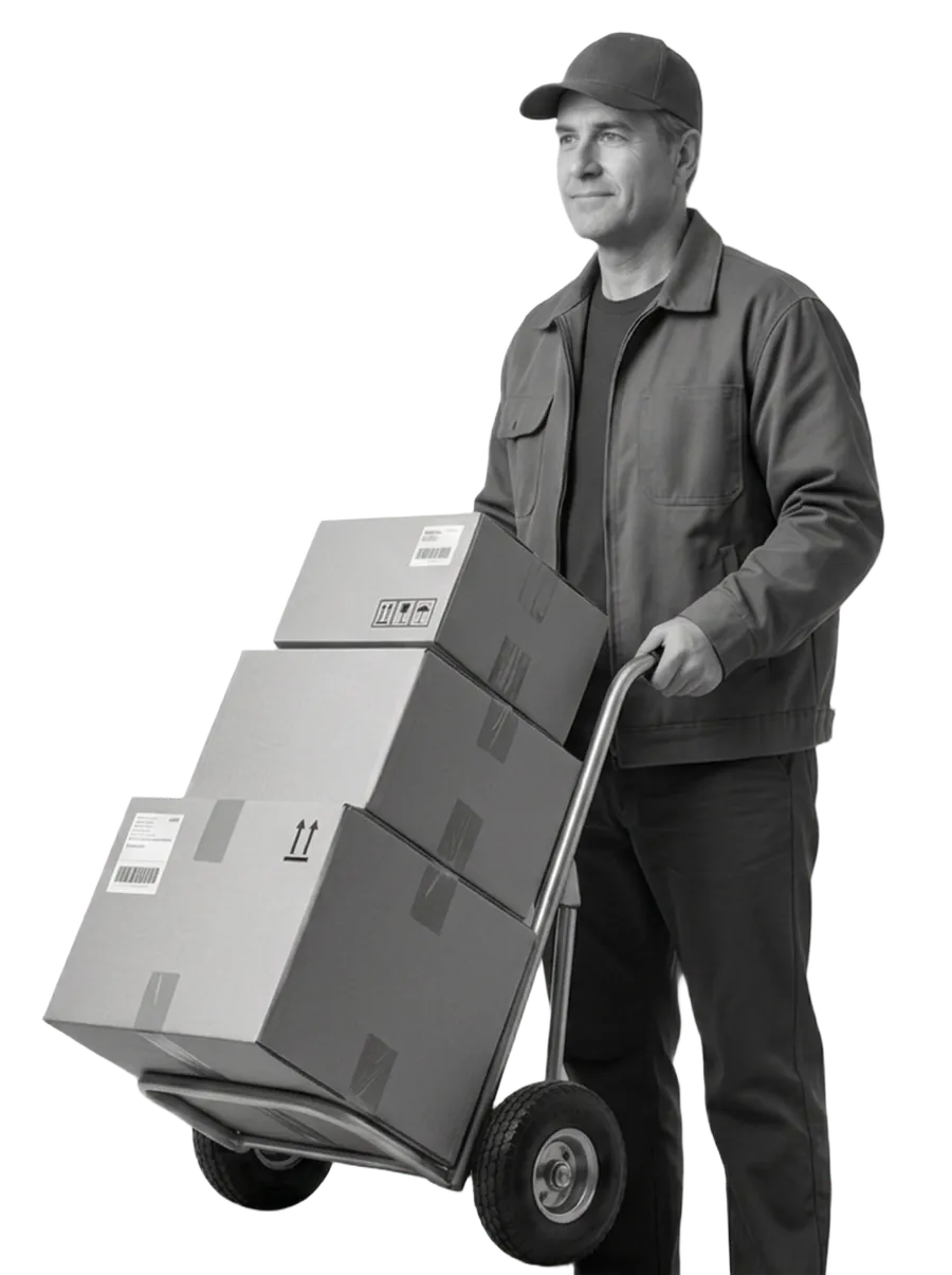 Local TruVue delivery professional bringing boxed supplies by hand truck