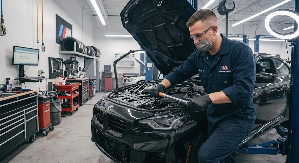Mechanic in black nitrile gloves working on a car engine in a shop
