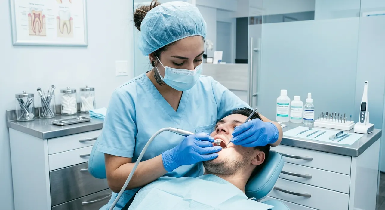 Dental professional working on a patient in a clean clinical operatory