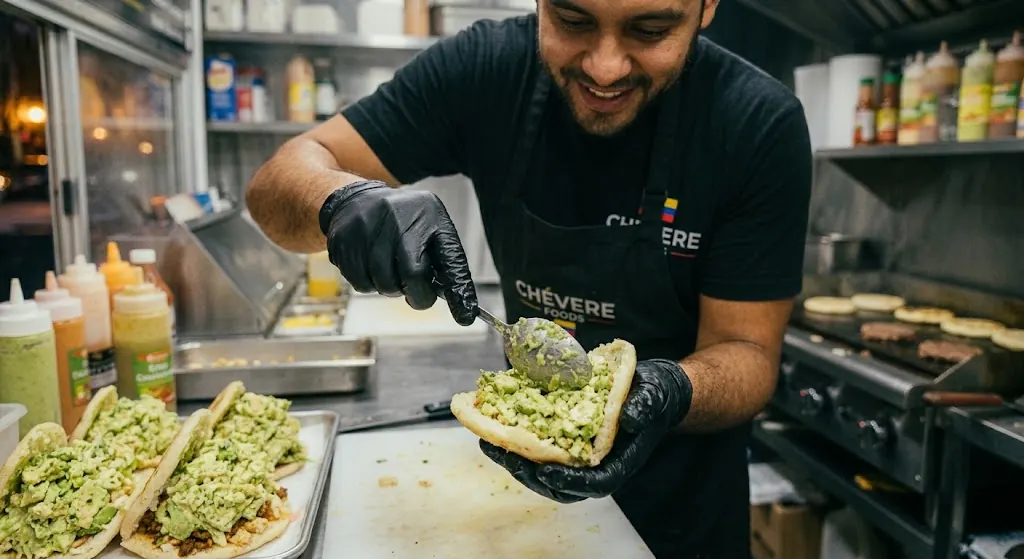 Kitchen prep cook in black nitrile gloves plating food