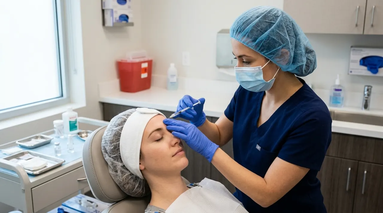 Provider in blue nitrile gloves performing an aesthetic injection